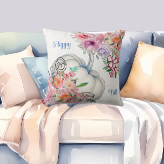 Coussin Happy Fall Blanc Citrouille Aquarelle Floral Floro