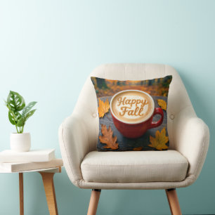 Coussin Happy Fall Latte In Red Mug With Automne Leaves