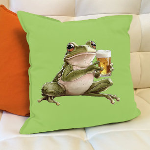 Coussin Happy Frog Beer Green Animal Illustration