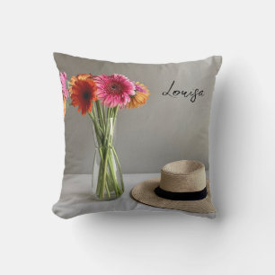 Coussin Happy Gerbera Fleur colorée +Nom personnalisé
