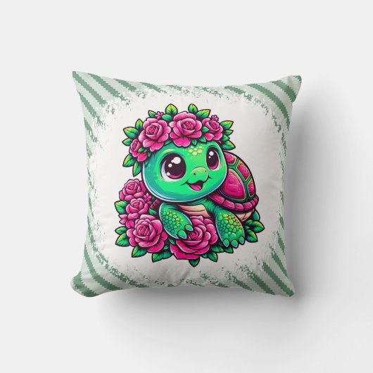 Coussin Happy Green Turtle with Pink Roses (Recto)
