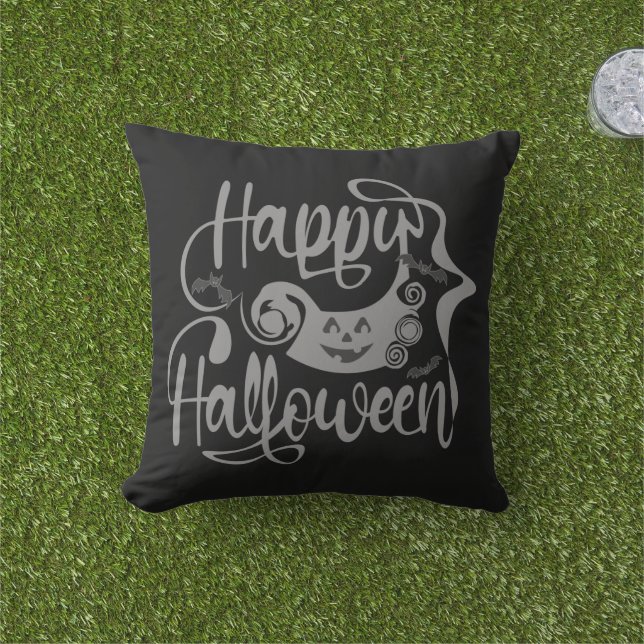 Coussin Happy Halloween chauves-souris Jack-o'-lantern (Herbe)