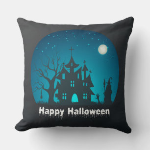 Coussin Happy Halloween Maison hantée bleue et noire