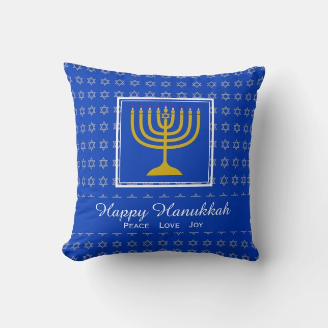 Coussin HAPPY HANOUKKA Peace Love Joy Personnalisable Blue (Recto)