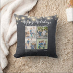 Coussin Happy Holidays Chalkboard String Lights Photo<br><div class="desc">Chalkboard arrière - plan avec des lampes à cordes Happy Holiday 4 photo collage. Personnaliser avec nom de famille année et nom. Vous pouvez également customiser les Joyeuses Fêtes pour dire Joyeux Noël ou laisser vide,  c'est à vous de décider.</div>