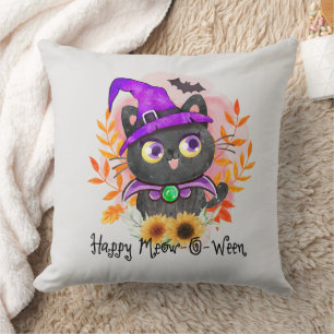 Coussin Happy Meow-o-ween -Chat Sorcière Noire