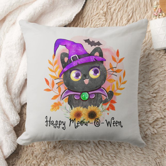 Coussin Happy Meow-o-ween -Chat Sorcière Noire (Couverture)