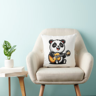 Coussin Happy Panda Guitarist - Cute Acoustic Music Design