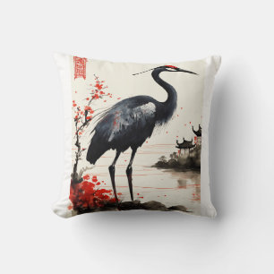 Coussin Harmonie élégante : Noir et Rouge une grue chinois