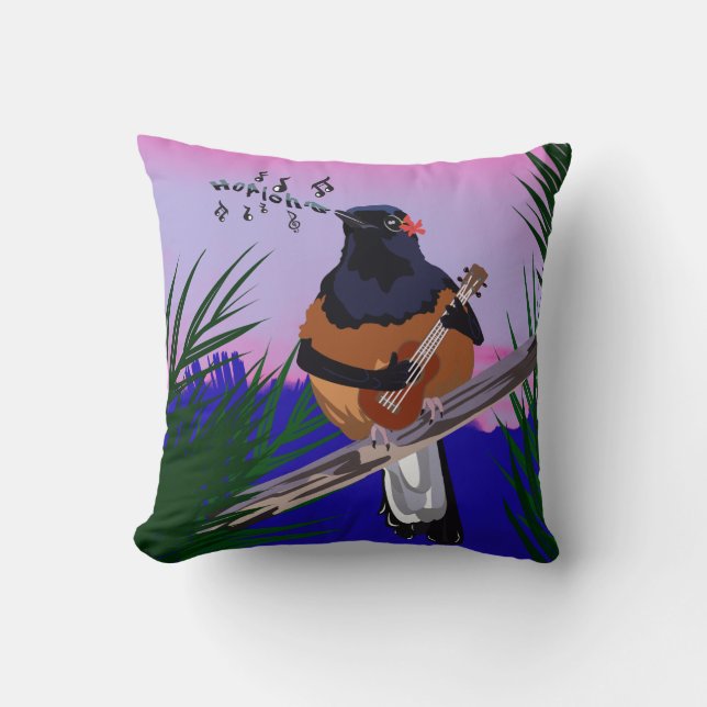 Coussin Hawaiian Shama Bird jouant à l'ukulele (Recto)