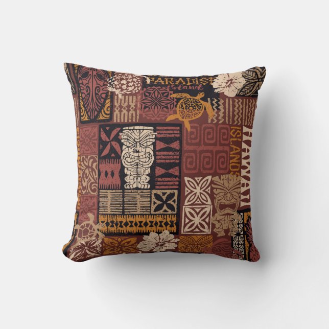 Coussin Hawaiian Tribal : Vintage Fabric Patchwork (Recto)