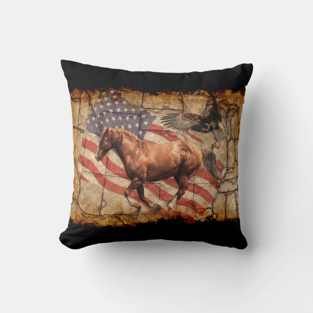 Coussin "Heading West" Horse, Eagle and US Flag (Recto)
