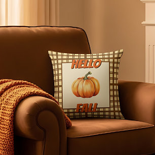 Coussin Hello Fall Farmhouse avec Citrouille et Plaid Des