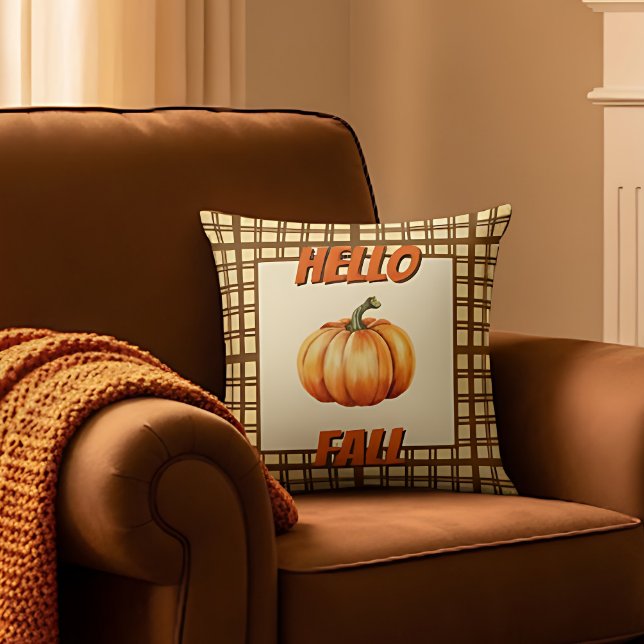Coussin Hello Fall Farmhouse avec Citrouille et Plaid Des (Stylish Hello Fall Pillow)