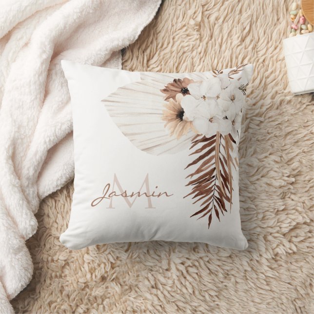 Coussin Herbe de Pampas Marron Rustique Orchidées Blanches (Couverture)