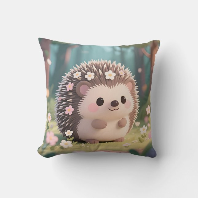Coussin Hérisson Adorable avec Fleurs Forêt Kawaii (Recto)