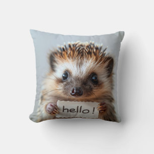 Coussin Hérisson adorable tenant un panneau "Bonjour !"