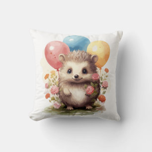 Coussin Hérisson d'aquarelle rétro mignon avec ballons