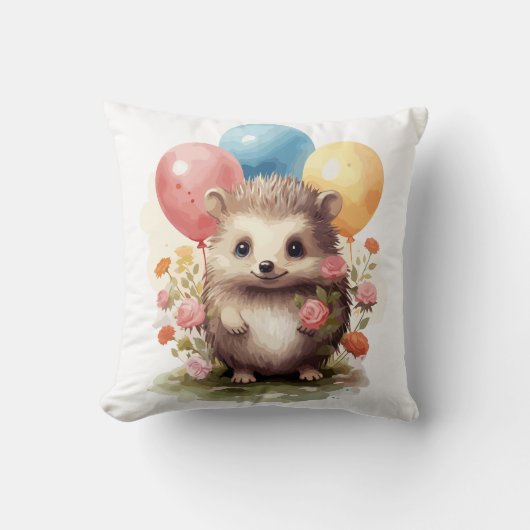 Coussin Hérisson d'aquarelle rétro mignon avec ballons (Recto)