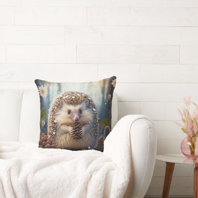 Coussin hérisson épineux mignon dans la forêt avec cônes (Canapé)