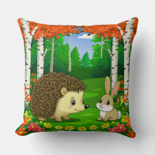Coussin Hérisson mignon et lapin dans une forêt lumineuse