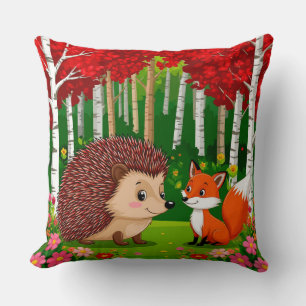 Coussin Hérisson mignon et renard dans une forêt lumineuse
