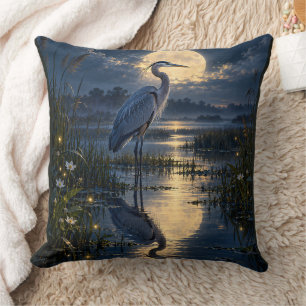 Coussin Héron bleu au clair de lune dans les feu d'insecte
