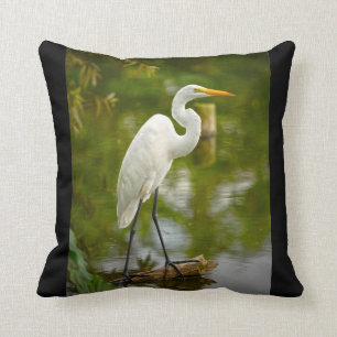 Coussin Héron de grand blanc sur une photographie de