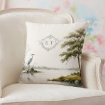 Coussin Heron Lake Toile French Country Wedding Monogram<br><div class="desc">Elegant throw pillow featuring a graceful heron by a serene lakeside in classic French country toile style. The refined monogram detail adds a timeless and personalized touch, perfect for weddings, anniversary gifts, or romantic home décor. Soft neutral tones create a sophisticated estate-inspired aesthetic. Fully customizable initials to make it uniquely...</div>