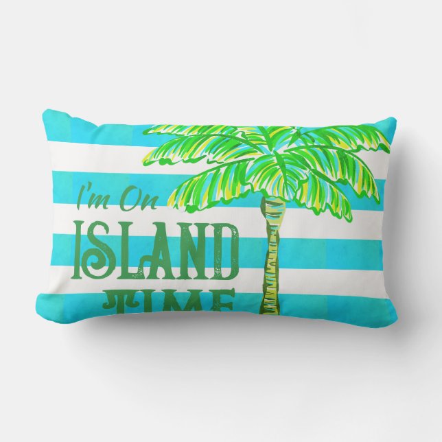 Coussin Heure de l'île aux palmiers à rayures turquoise et (Recto)