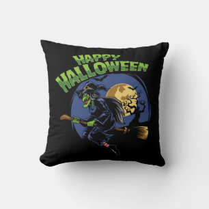 Coussin Heureuse sorcière volante Halloween
