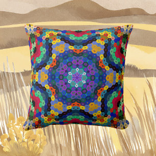 Coussin Hex Mandala bleu jaune rouge et vert