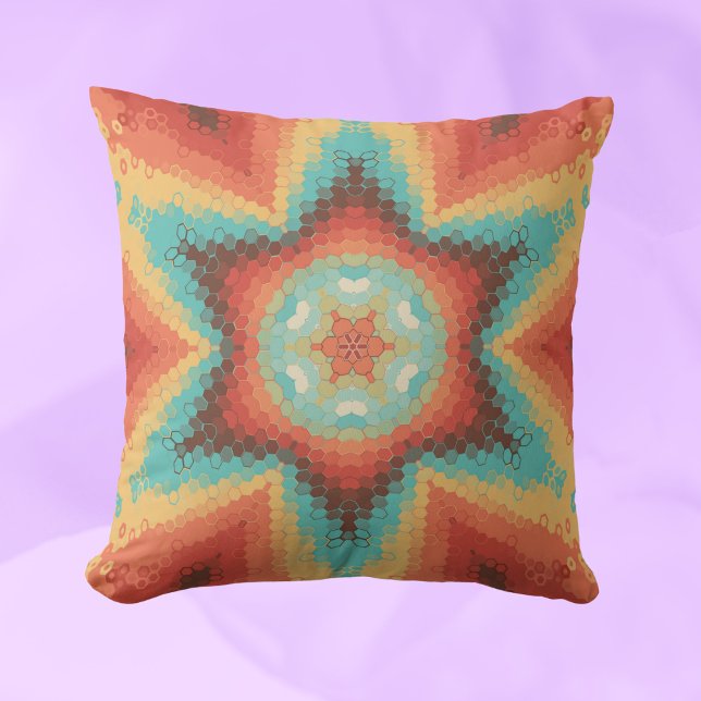 Coussin Hex Mandala orange bleu et jaune (Créateur téléchargé)