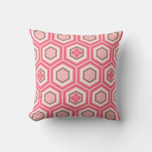 Coussin Hexagonal Kimono Print, Coral rose et blanc