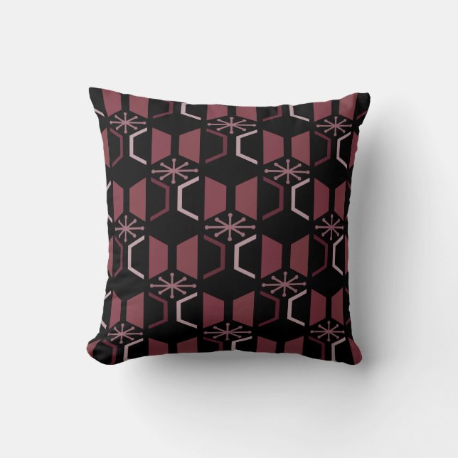 Coussin Hexagones de l'âge atomique Bourgogne noire (Recto)