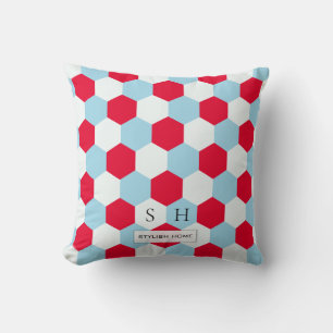 Coussin Hexagones rouges, blancs et bleus Monogrammes