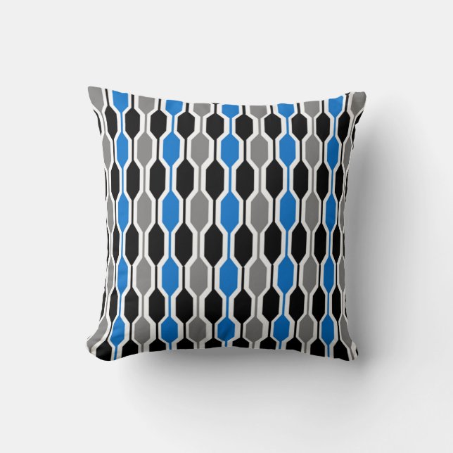 Coussin Hexagons modernes du milieu du siècle noir, bleu e (Recto)
