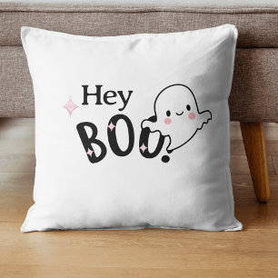 Coussin Hey Boo Black et rose Funny Halloween Ghost