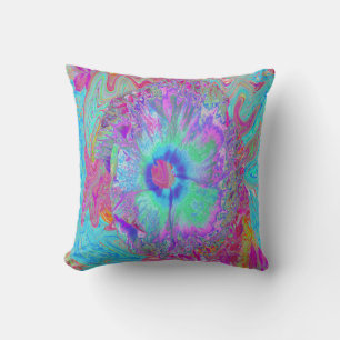 Coussin Hibiscus Bleu Rétro Psychedélique Arc-en-Ciel
