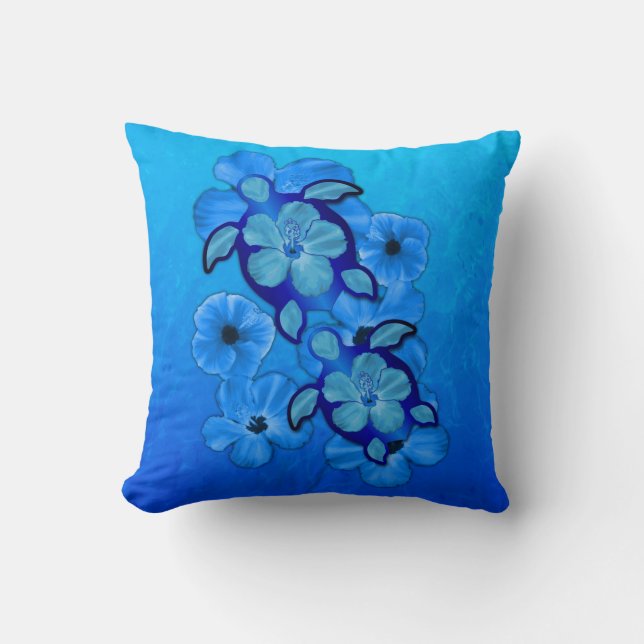 Coussin Hibiscus Bleus Et Tortues Honu (Recto)