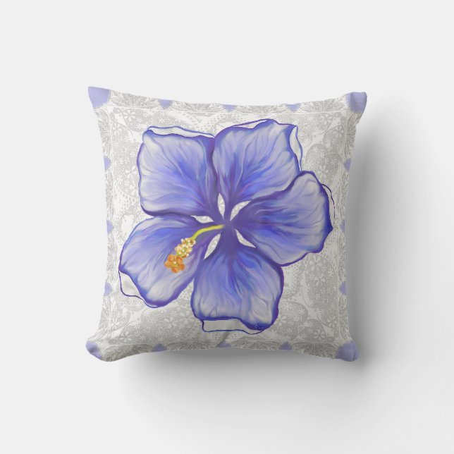 Coussin Hibiscus & dentelle BLEU (Recto)