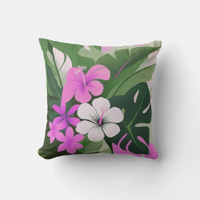 Coussin Hibiscus et Plumeria hawaïens modernes du milieu d (Recto)