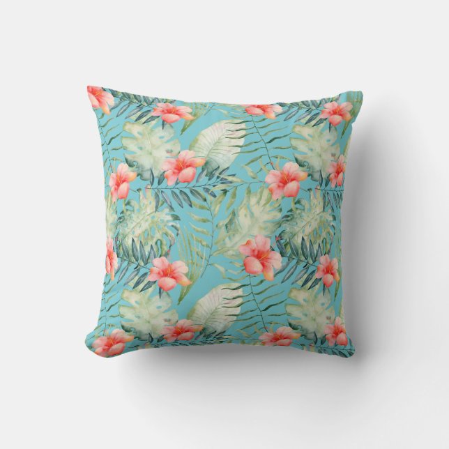 Coussin Hibiscus Feuille tropical Aqua aquarelle (Recto)