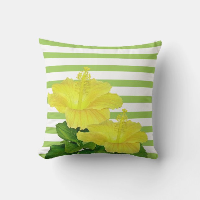 Coussin Hibiscus jaune tropical sur rayures vertes  (Recto)