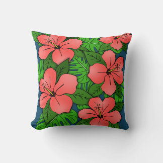 Coussin Hibiscus pêche et Monstera
