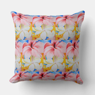 Coussin Hibiscus Plumeria Jaune Rose Bleu Vintage