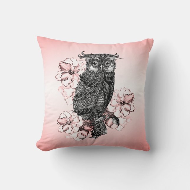 Coussin Hibiscus rose chouette grise (Recto)