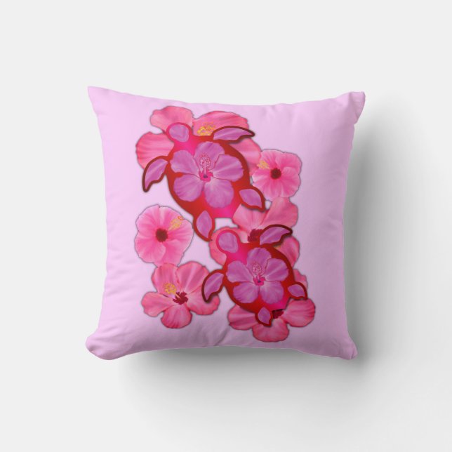 Coussin Hibiscus Rose Et Tortues Honu (Recto)