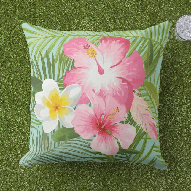 Coussin Hibiscus rose Tropical (Herbe)