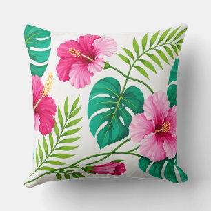 Coussin Hibiscus rose tropical et feuilles de Monstera